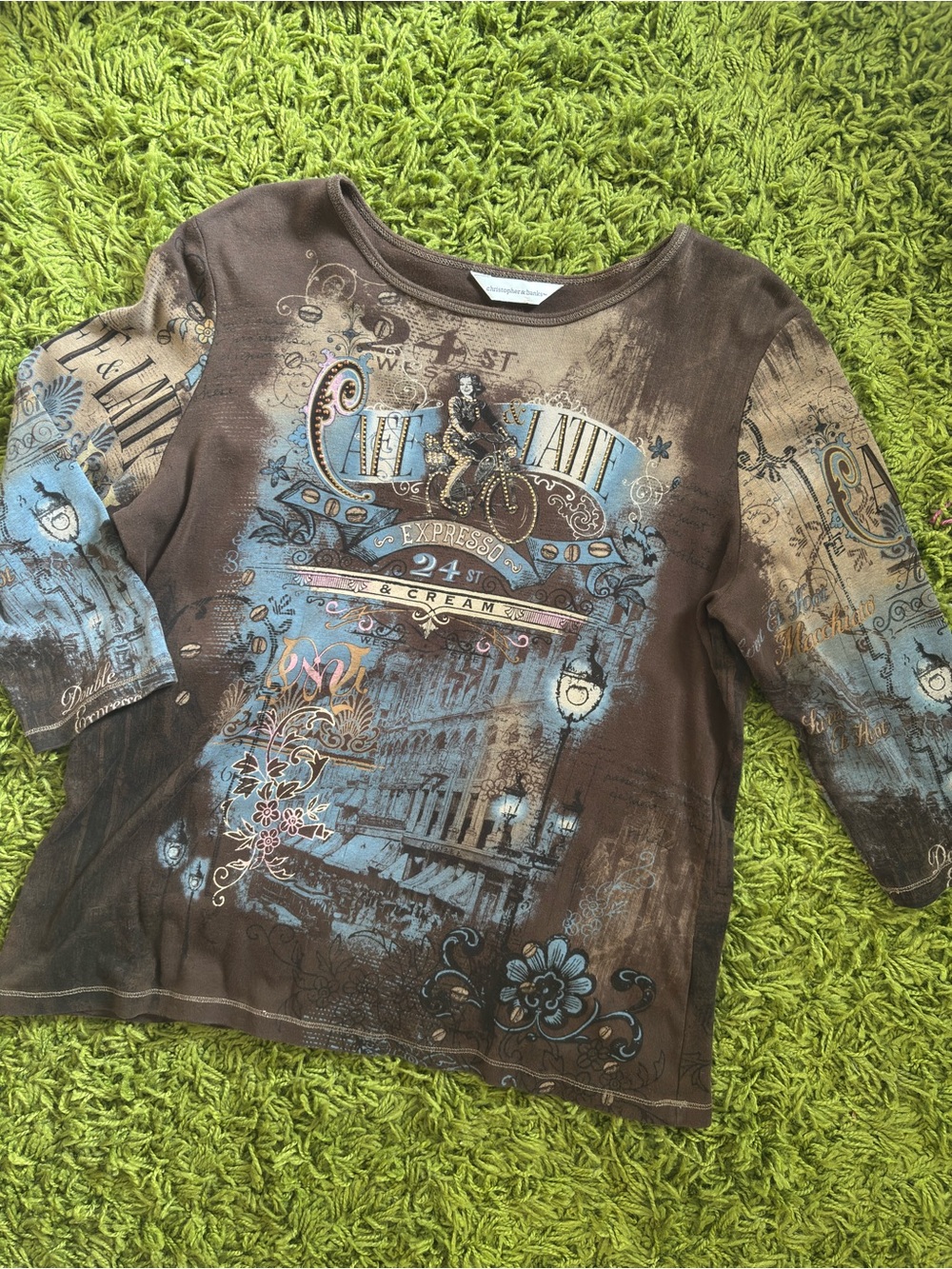 Y2K Christopher & Banks Brown Three Quarter-Sleeve Tee With Vintage Cafe Graphic